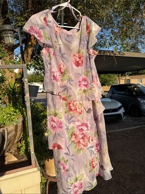 S.L. Fashions Lavender Floral Midi Dress with Pink Blooms